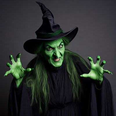 Green-faced witch with claws outstretched