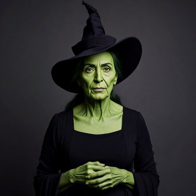 Green-faced witch in black hat