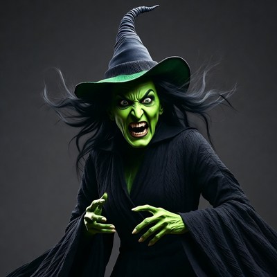 Green-faced witch snarling menacingly