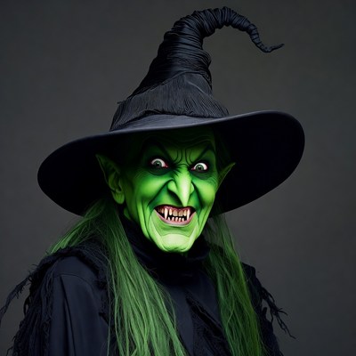 Green-faced witch with black hat