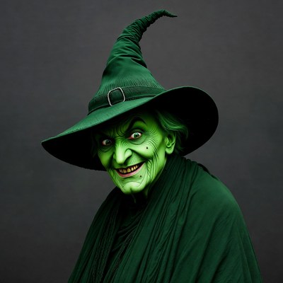 Green-faced witch grinning wickedly