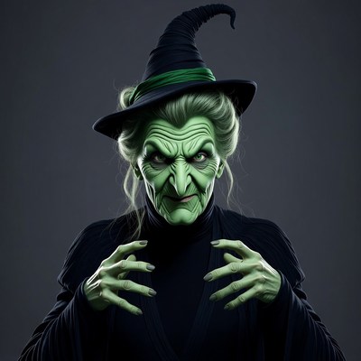 Green-faced witch with black hat