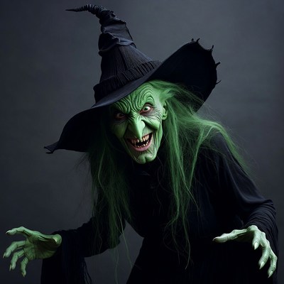 Grinning green-faced witch in black hat