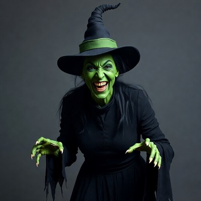 Green-faced witch laughing menacingly