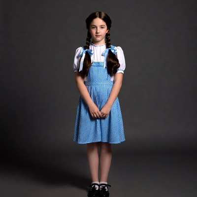 Girl in blue pinafore dress with pigtails