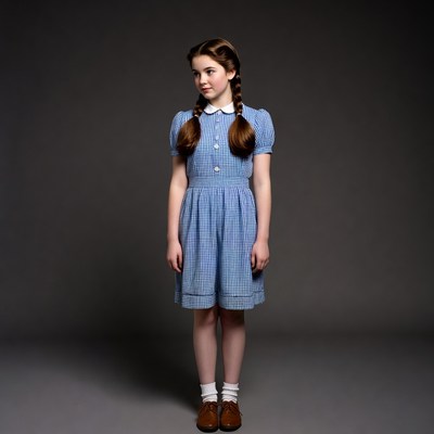 Girl in blue pinafore dress with pigtails