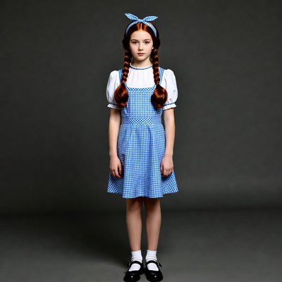 Girl in Blue Dorothy Dress with Pigtails