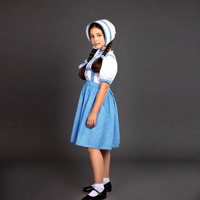 Girl in blue gingham pioneer dress