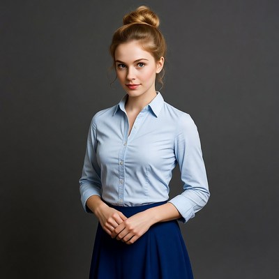 Blonde woman in blue shirt and skirt