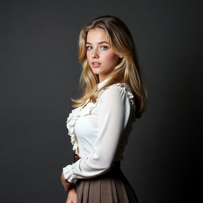 Blonde woman in white blouse and skirt
