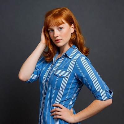 Redhead woman touching hair in striped shirt