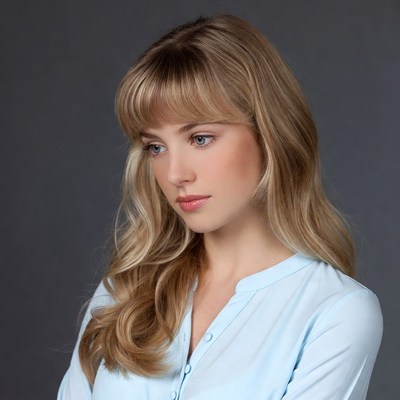 Blonde woman in blue shirt profile