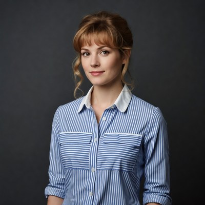 Woman with bangs in blue striped shirt