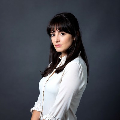 Woman with bangs in white blouse