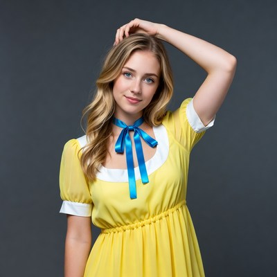 Blonde woman in yellow dress with blue bow