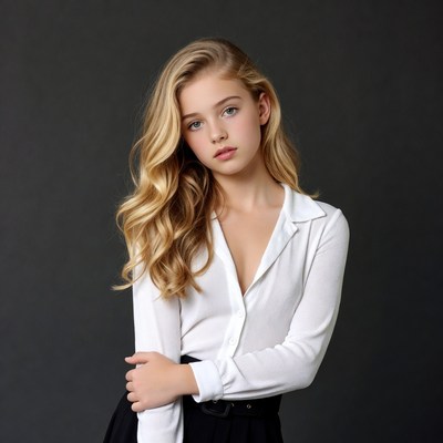 Blonde girl in white blouse and skirt