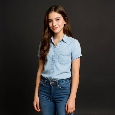 Teen girl in blue denim shirt jeans