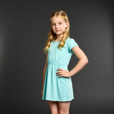 Blonde girl in blue dress posing