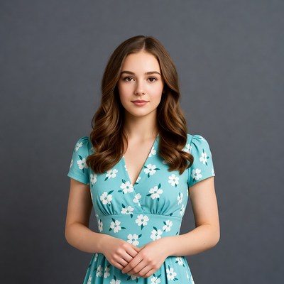 Young woman in turquoise floral dress