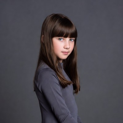 Girl with bangs on gray background