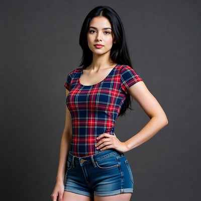 Asian woman in plaid shirt and shorts