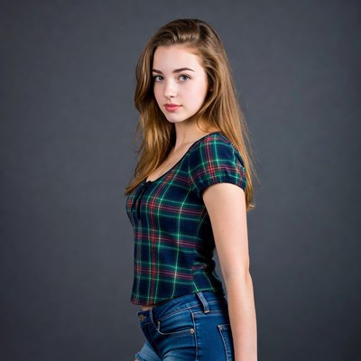 Teen girl in plaid shirt and jeans