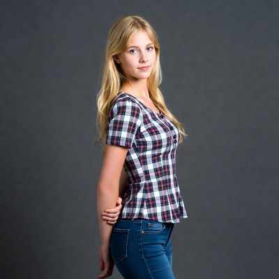 Blonde woman in plaid top and jeans