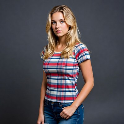Blonde woman in plaid shirt and jeans