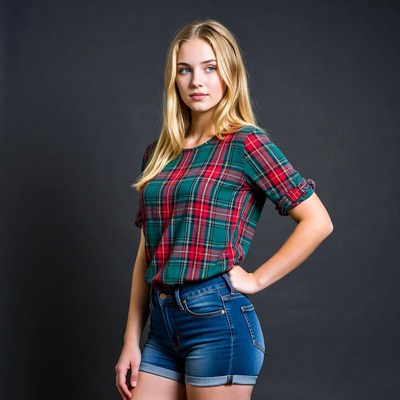 Blonde woman in plaid shirt and denim shorts