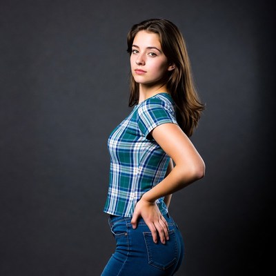 Young woman in plaid shirt and jeans