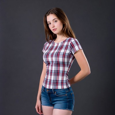 Teen girl in plaid shirt and denim shorts