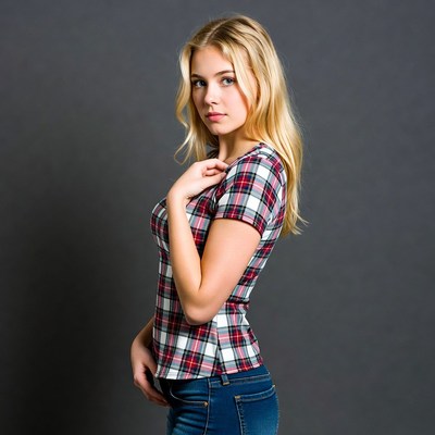 Blonde woman in plaid shirt and jeans