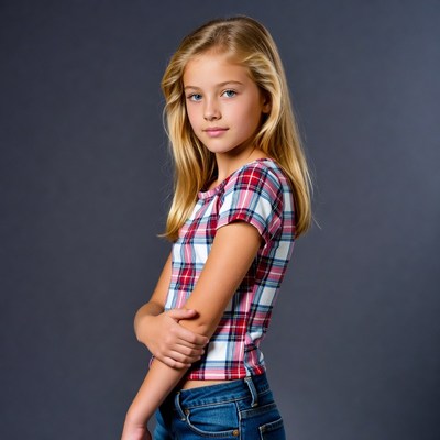 Blonde girl in plaid shirt and jeans