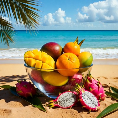 Tropical Fruits in Glass Bowl on Beach