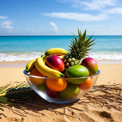 Tropical Fruits in Glass Bowl on Beach