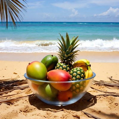 Tropical Fruits in Glass Bowl on Beach