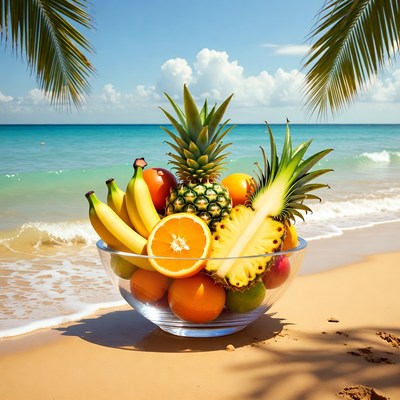 Tropical Fruits in Glass Bowl on Beach