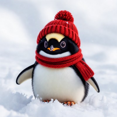 Penguin in red winter hat and scarf