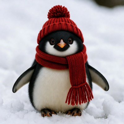 Penguin in red hat and scarf