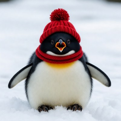 Penguin wearing red knit hat snow