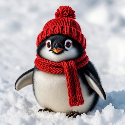Baby Penguin in Red Knit Hat Scarf