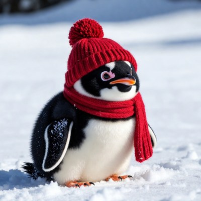 Penguin wearing red hat and scarf