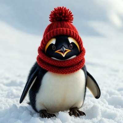 Cute penguin wearing red knit hat