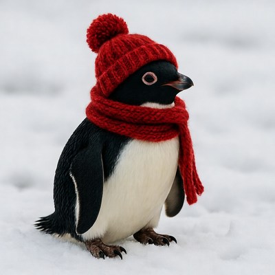 Penguin wearing red hat and scarf