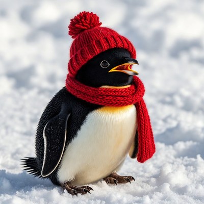 Penguin in red hat and scarf