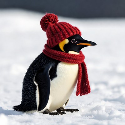 King penguin wearing red hat scarf