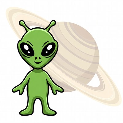 Cute green alien with Saturn