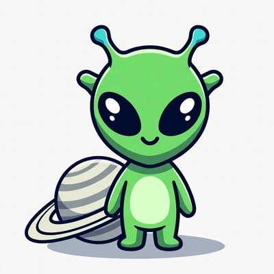 Cute green alien holding Saturn