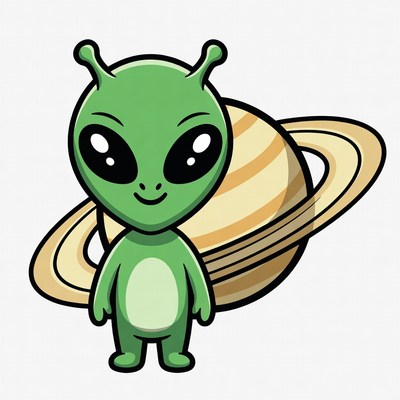Cute green alien with Saturn