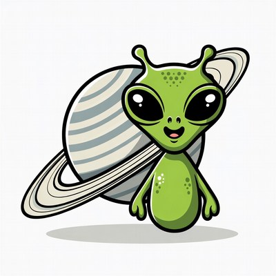 Cute green alien with Saturn